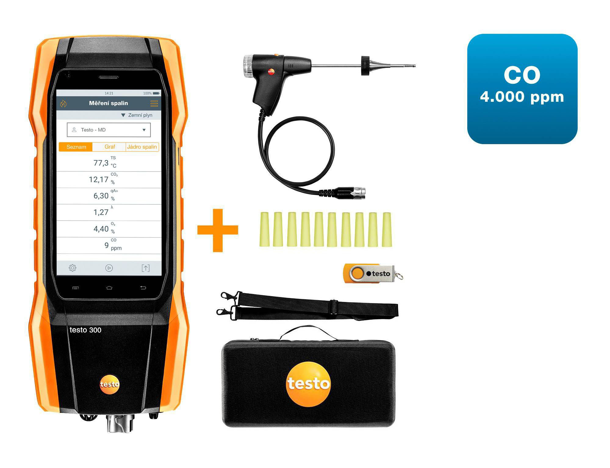 Testo 300 sada 1 - Analyzátor spalin (O2, CO až do 4,000 ppm)